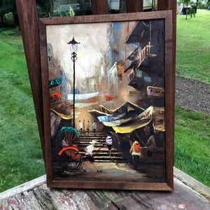 Chinese scene of oil on board Mid Century Modern signed Tam Ming